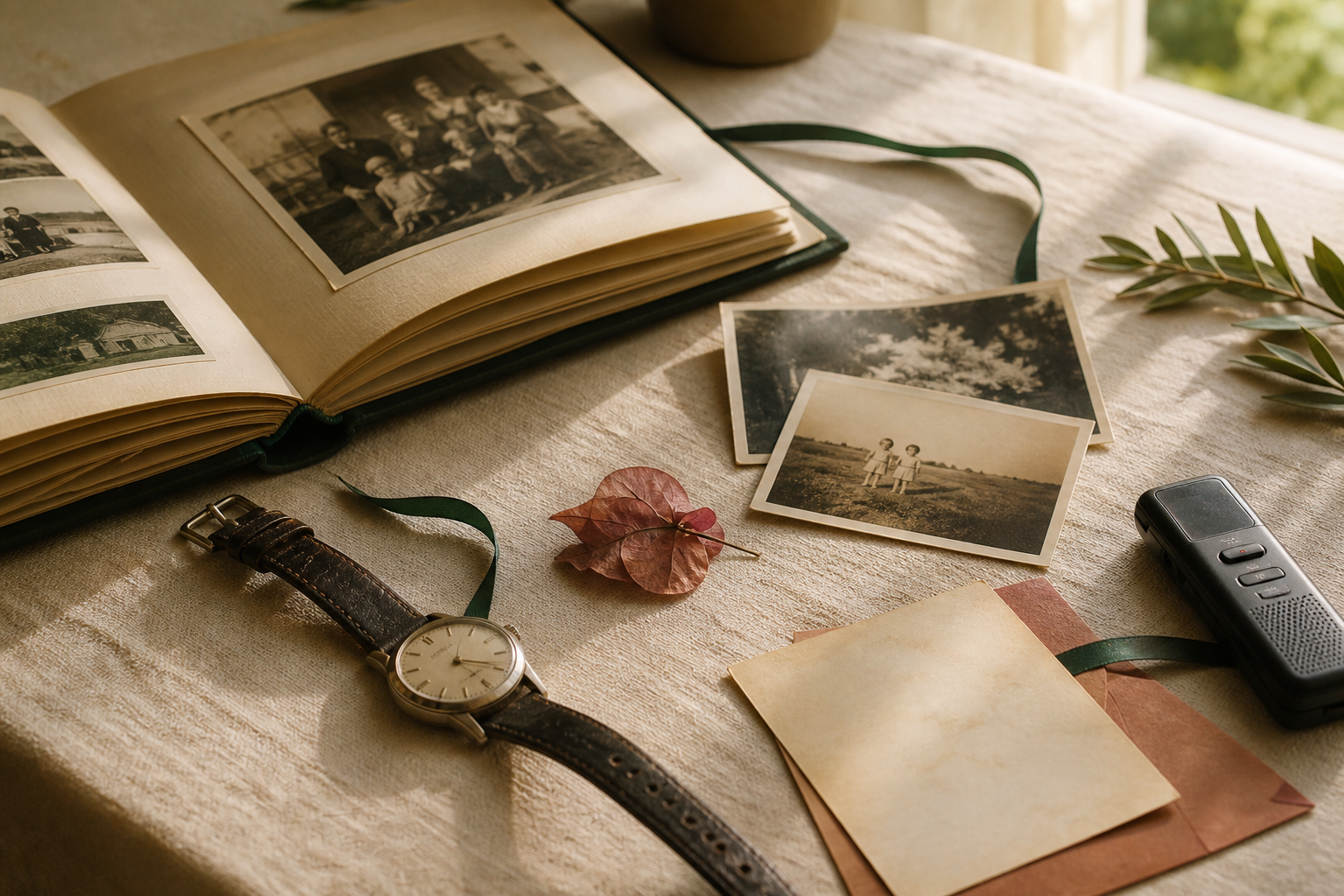 An open family photo album, old photographs, a wristwatch, pressed flower, and voice recorder on a sunlit linen table
